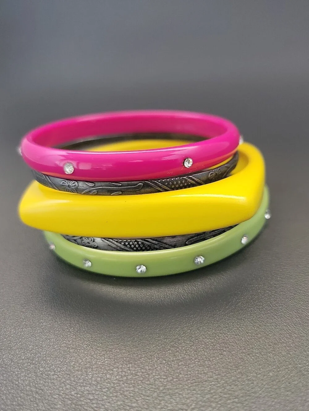 5 Pc Colorful Acrylic & Etched Metal Bangle Bracelet Stack Y2K Boho Retro